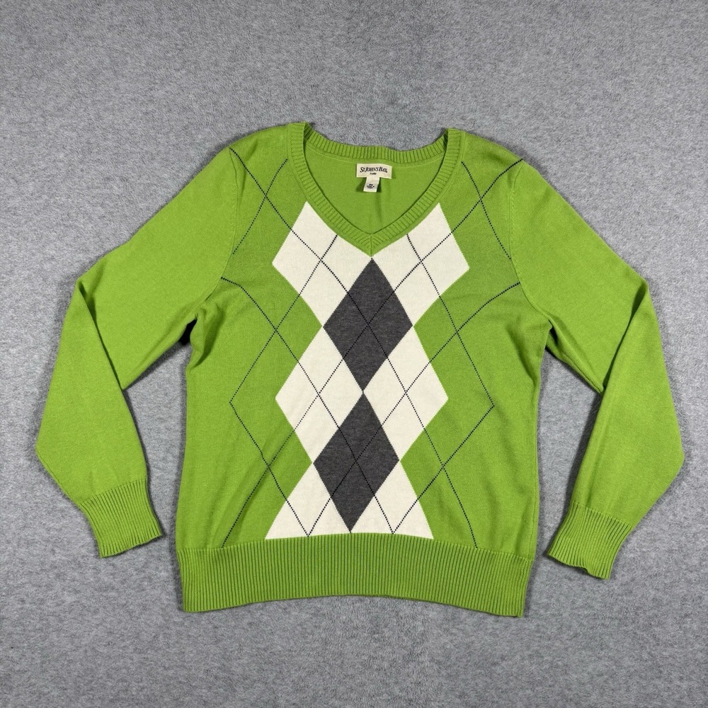 St John's Bay Petite Sweater PM Green Argyle V-Neck Pullover Preppy Classic Knit